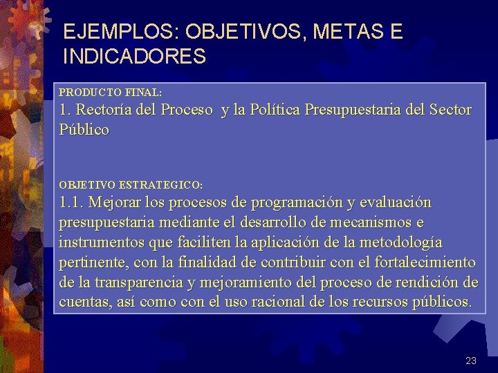 EJEMPLOS: OBJETIVOS, METAS E INDICADORES PRODUCTO FINAL: 1. Rectoría del Proceso y la Política