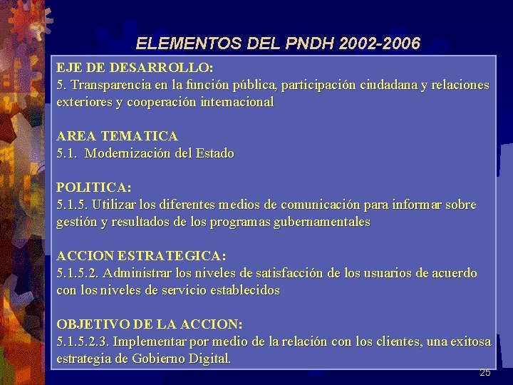 ELEMENTOS DEL PNDH 2002 -2006 EJE DE DESARROLLO: 5. Transparencia en la función pública,