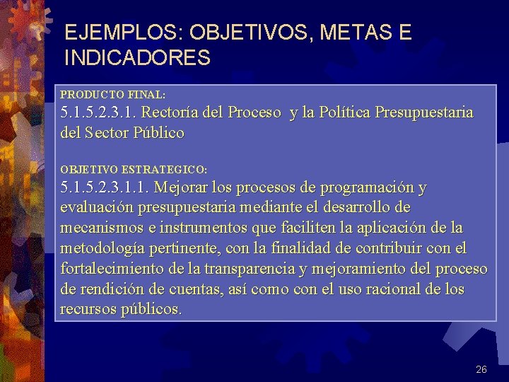 EJEMPLOS: OBJETIVOS, METAS E INDICADORES PRODUCTO FINAL: 5. 1. 5. 2. 3. 1. Rectoría