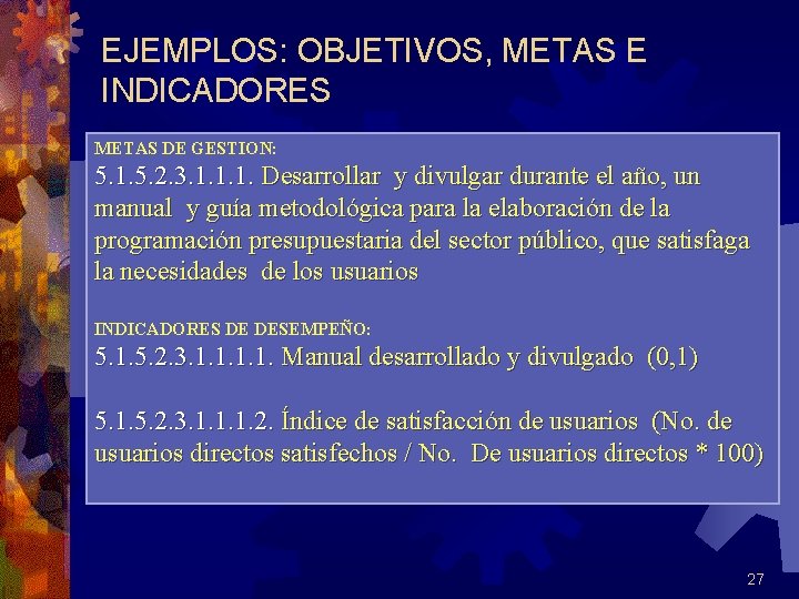 EJEMPLOS: OBJETIVOS, METAS E INDICADORES METAS DE GESTION: 5. 1. 5. 2. 3. 1.