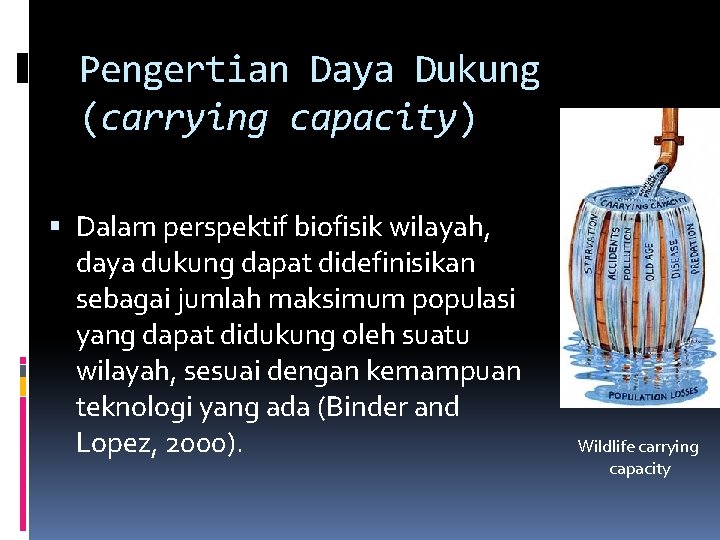 Pengertian Daya Dukung (carrying capacity) Dalam perspektif biofisik wilayah, daya dukung dapat didefinisikan sebagai