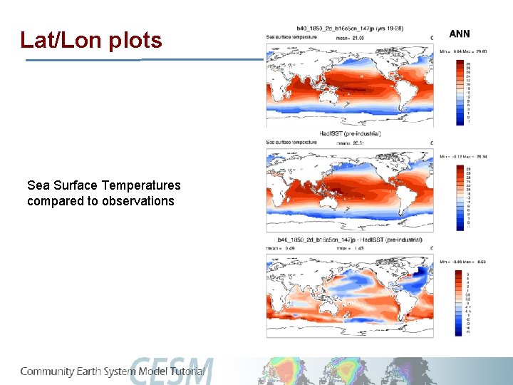 Lat/Lon plots Sea Surface Temperatures compared to observations 