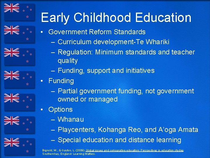 Early Childhood Education • Government Reform Standards – Curriculum development-Te Whariki – Regulation: Minimum