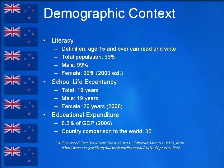 Demographic Context • Literacy – – Definition: age 15 and over can read and