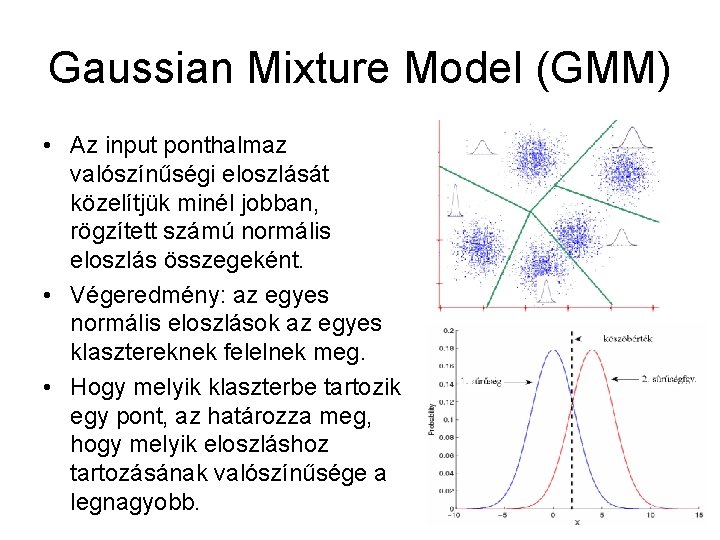 Gaussian Mixture Model (GMM) • Az input ponthalmaz valószínűségi eloszlását közelítjük minél jobban, rögzített