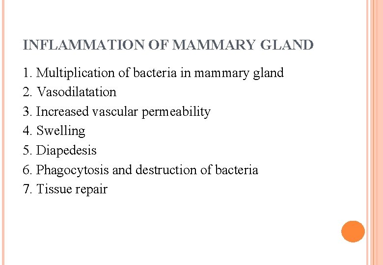 INFLAMMATION OF MAMMARY GLAND 1. Multiplication of bacteria in mammary gland 2. Vasodilatation 3. INFLAMMATION OF MAMMARY GLAND 1. Multiplication of bacteria in mammary gland 2. Vasodilatation 3.