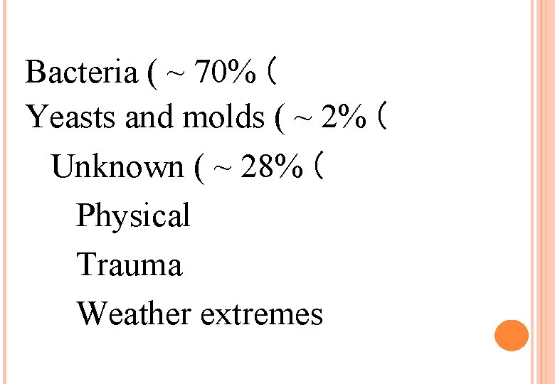 Bacteria ( ~ 70% ( Yeasts and molds ( ~ 2% ( Unknown ( Bacteria ( ~ 70% ( Yeasts and molds ( ~ 2% ( Unknown (