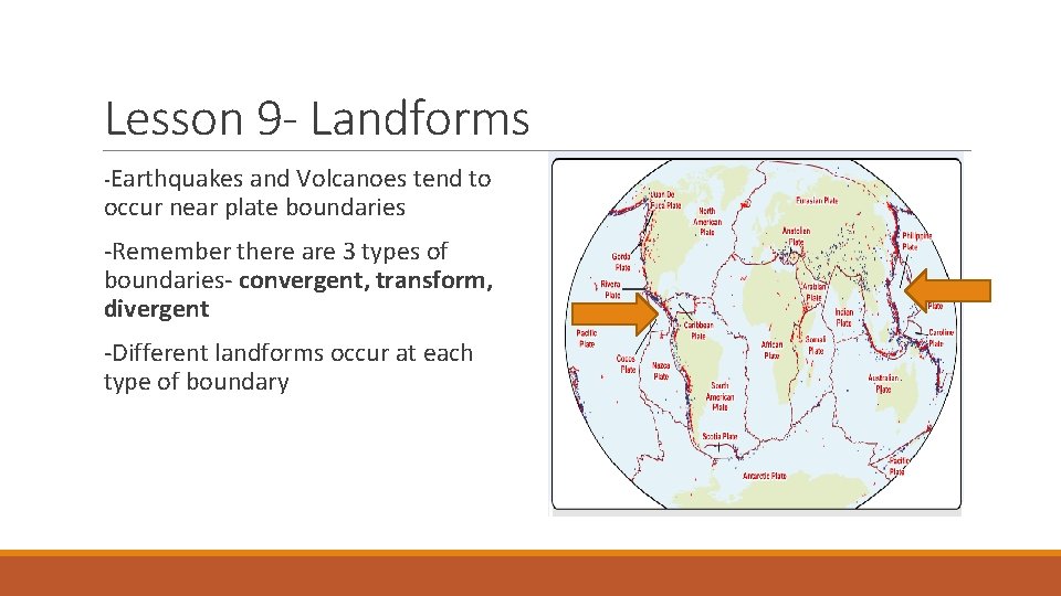 Lesson 9 - Landforms -Earthquakes and Volcanoes tend to occur near plate boundaries -Remember