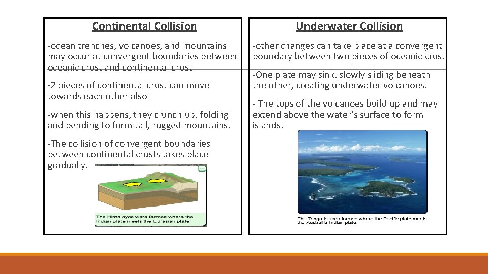  Continental Collision Underwater Collision -ocean trenches, volcanoes, and mountains -other changes can take