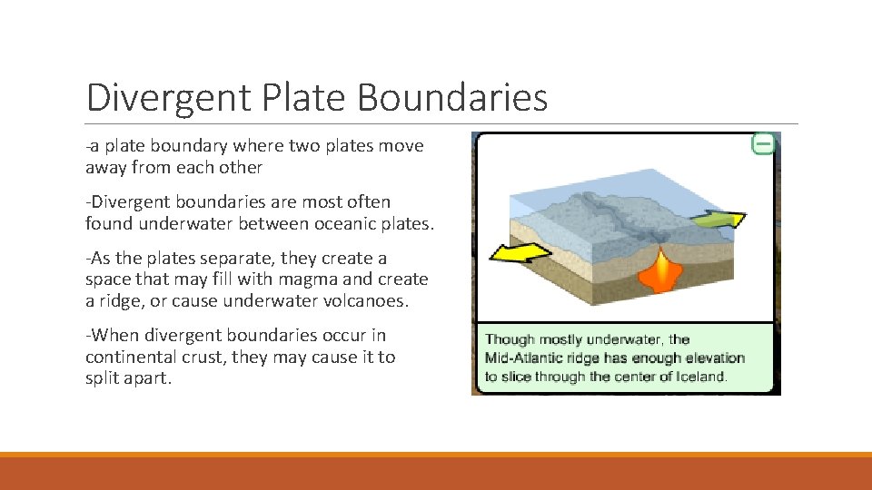 Divergent Plate Boundaries -a plate boundary where two plates move away from each other