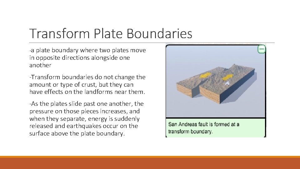 Transform Plate Boundaries -a plate boundary where two plates move in opposite directions alongside