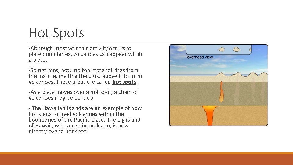Hot Spots -Although most volcanic activity occurs at plate boundaries, volcanoes can appear within