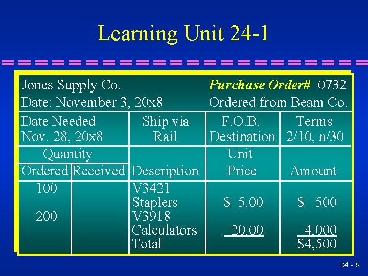 Learning Unit 24 -1 Jones Supply Co. Purchase Order# 0732 Date: November 3, 20