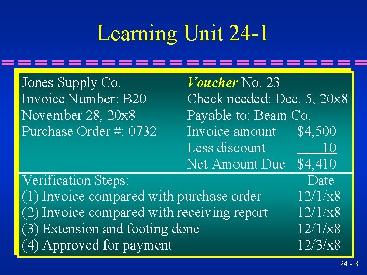 Learning Unit 24 -1 Jones Supply Co. Invoice Number: B 20 November 28, 20
