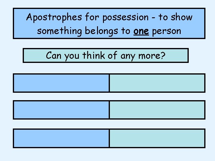 Apostrophes for possession - to show something belongs to one person Can you think Apostrophes for possession - to show something belongs to one person Can you think