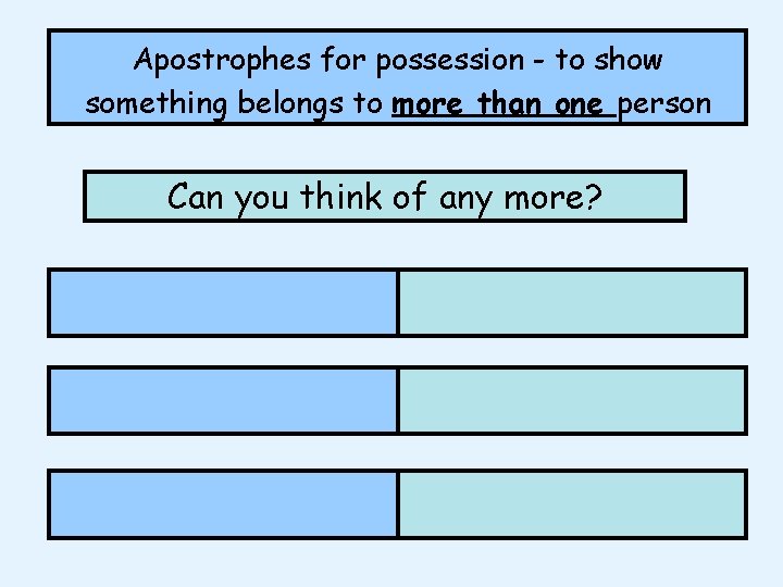 Apostrophes for possession - to show something belongs to more than one person Can Apostrophes for possession - to show something belongs to more than one person Can