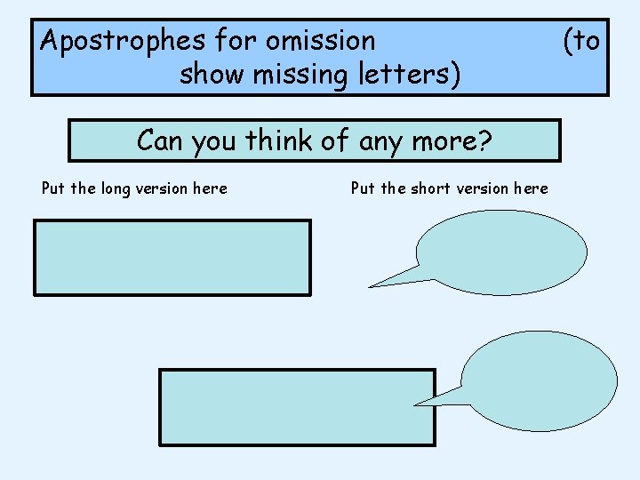 Apostrophes for omission show missing letters) Can you think of any more? Put the Apostrophes for omission show missing letters) Can you think of any more? Put the