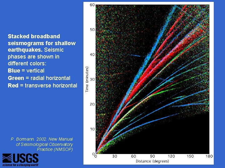 Stacked broadband seismograms for shallow earthquakes. Seismic phases are shown in different colors: Blue