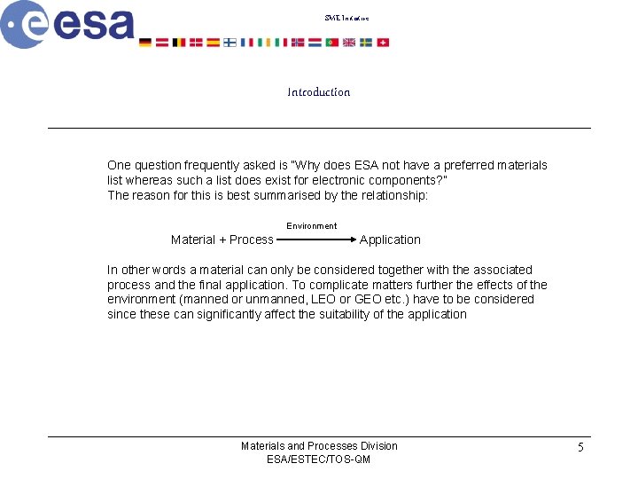 SME Initiative Introduction One question frequently asked is “Why does ESA not have a