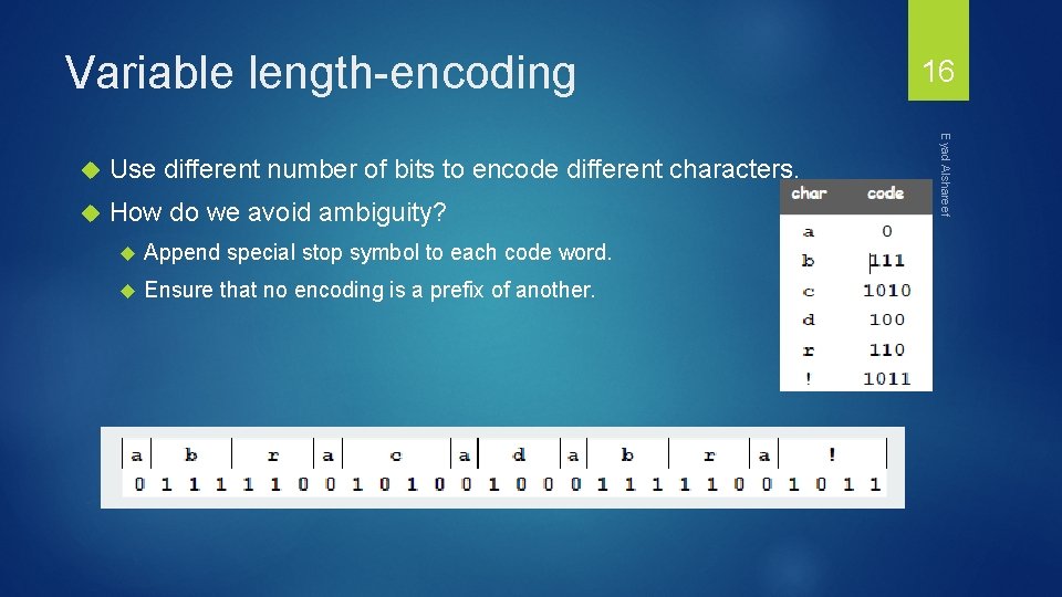 Variable length-encoding Use different number of bits to encode different characters. How do we