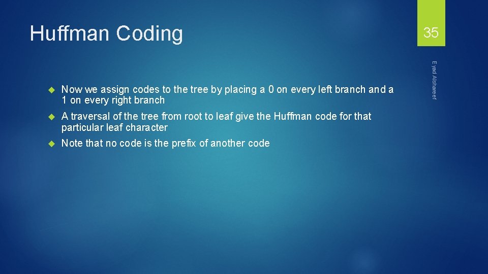 Huffman Coding Now we assign codes to the tree by placing a 0 on