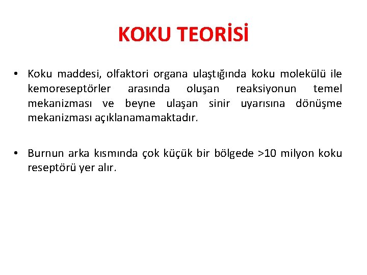 KOKU TEORİSİ • Koku maddesi, olfaktori organa ulaştığında koku molekülü ile kemoreseptörler arasında oluşan