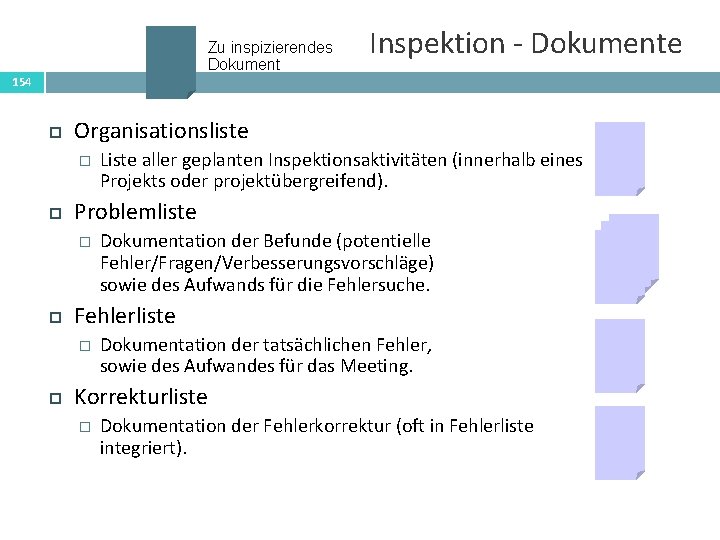Zu inspizierendes Dokument Inspektion - Dokumente 154 Organisationsliste � Problemliste � Dokumentation der Befunde