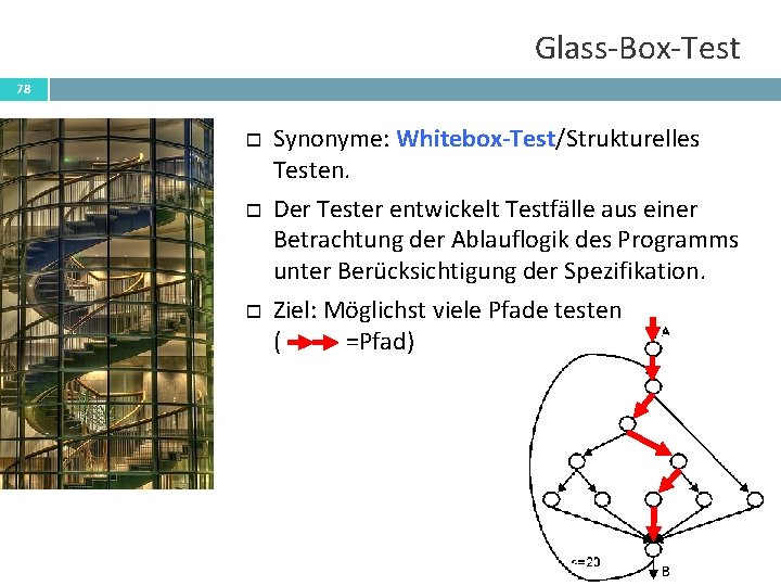 Glass-Box-Test 78 Synonyme: Whitebox-Test/Strukturelles Testen. Der Tester entwickelt Testfälle aus einer Betrachtung der Ablauflogik