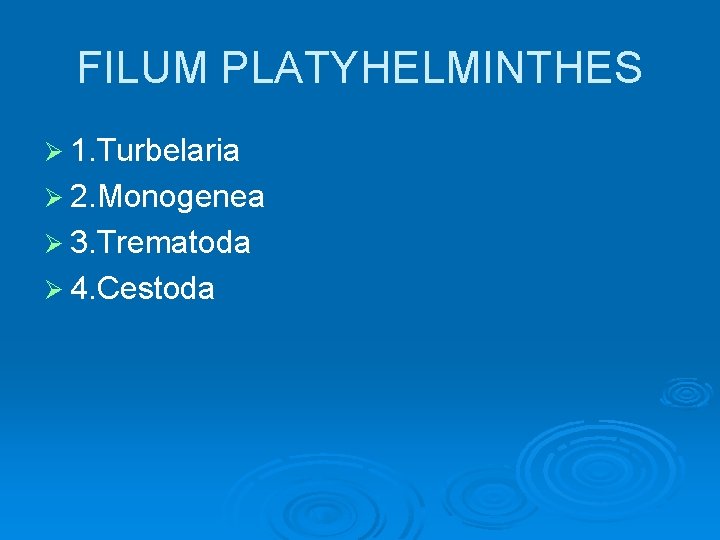 FILUM PLATYHELMINTHES Ø 1. Turbelaria Ø 2. Monogenea Ø 3. Trematoda Ø 4. Cestoda