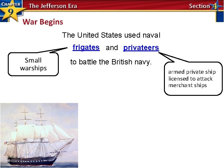 The United States used naval frigates and privateers Small warships to battle the British