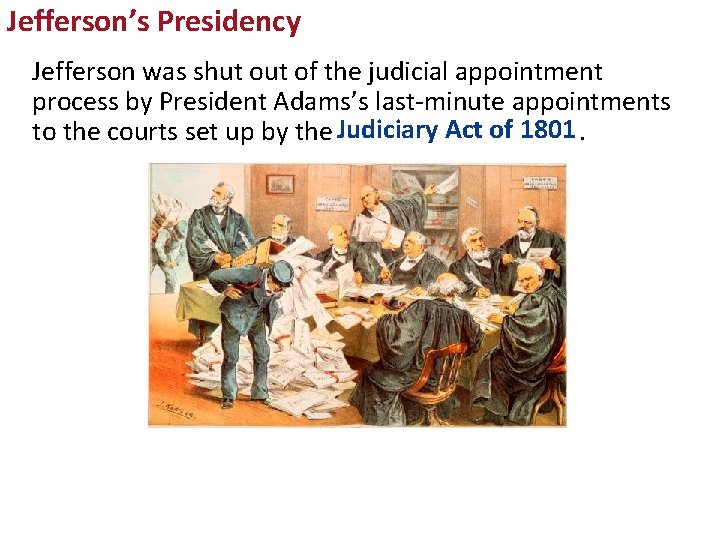 Jefferson’s Presidency Jefferson was shut of the judicial appointment process by President Adams’s last-minute