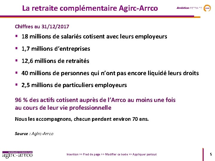 La retraite complémentaire Agirc-Arrco Chiffres au 31/12/2017 § 18 millions de salariés cotisent avec