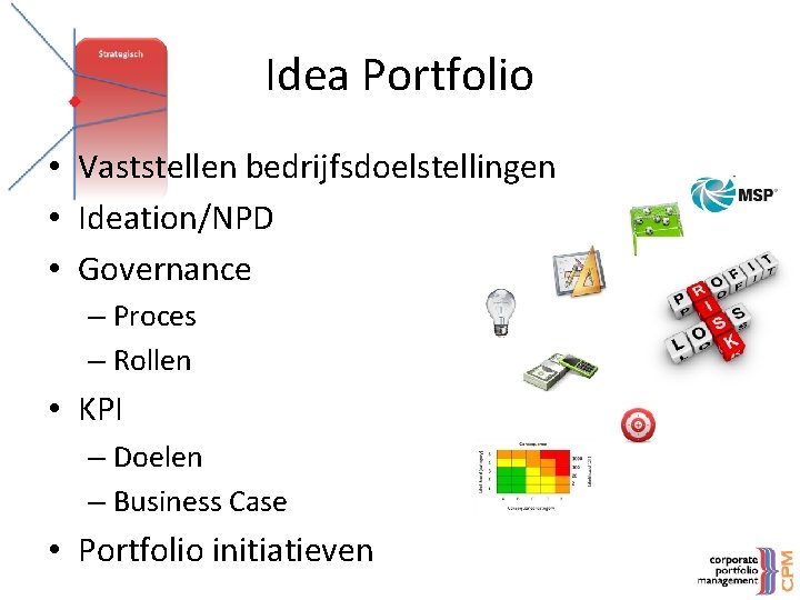 Idea Portfolio • Vaststellen bedrijfsdoelstellingen • Ideation/NPD • Governance – Proces – Rollen •