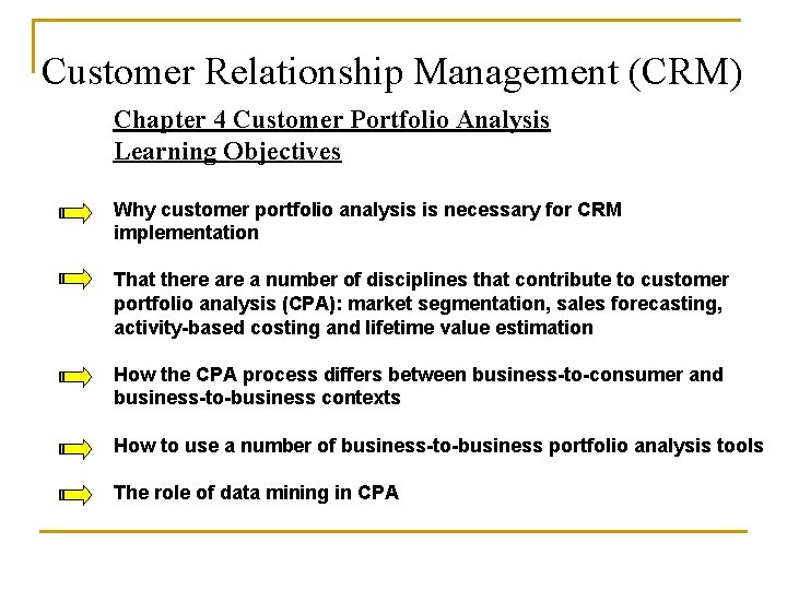 Customer Relationship Management (CRM) Chapter 4 Customer Portfolio Analysis Learning Objectives Why customer portfolio