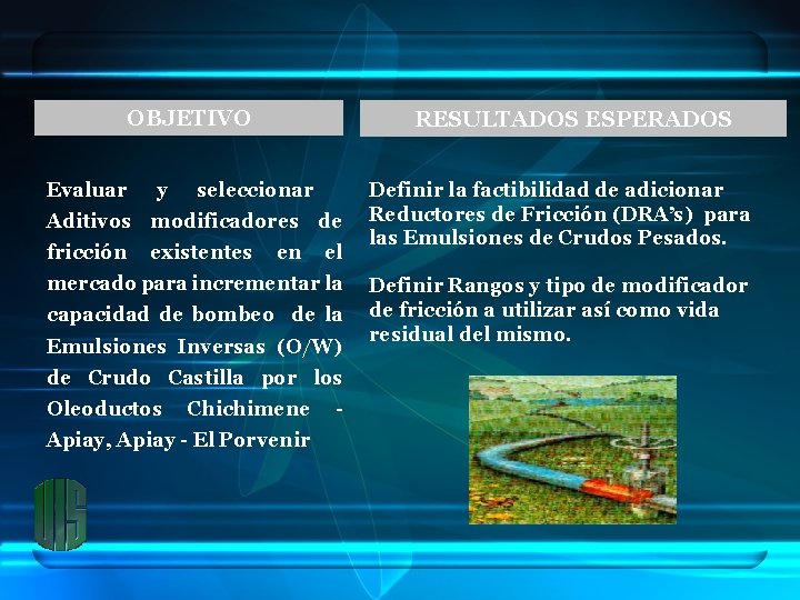 OBJETIVO RESULTADOS ESPERADOS Definir la factibilidad de adicionar Aditivos modificadores de Reductores de Fricción