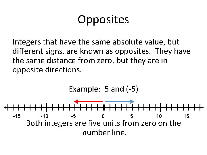 Opposites Integers that have the same absolute value, but different signs, are known as