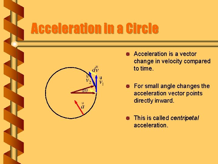 Acceleration in a Circle dq ] Acceleration is a vector change in velocity compared