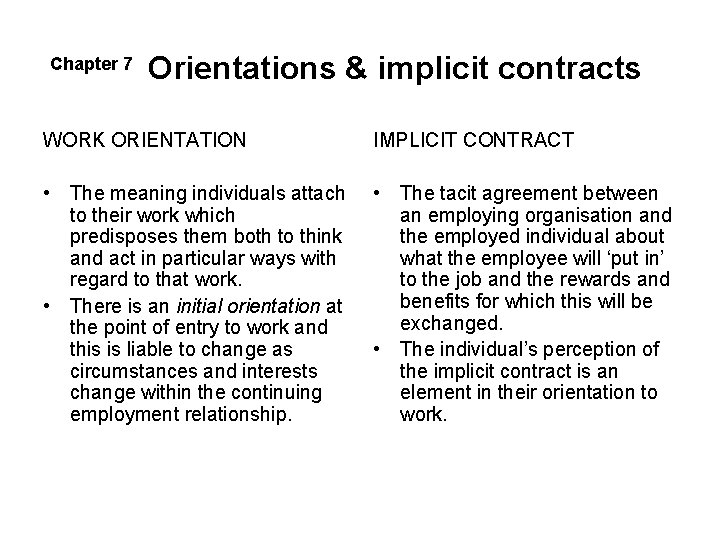 Chapter 7 Orientations & implicit contracts WORK ORIENTATION IMPLICIT CONTRACT • The meaning individuals Chapter 7 Orientations & implicit contracts WORK ORIENTATION IMPLICIT CONTRACT • The meaning individuals