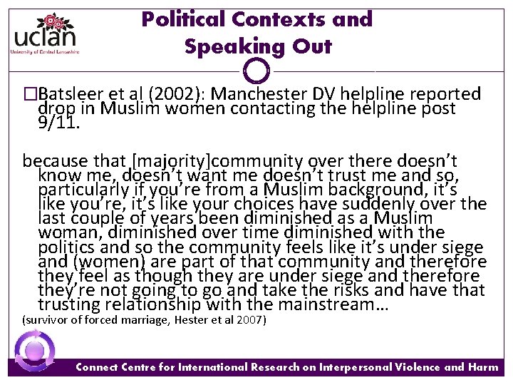 Political Contexts and Speaking Out �Batsleer et al (2002): Manchester DV helpline reported drop Political Contexts and Speaking Out �Batsleer et al (2002): Manchester DV helpline reported drop