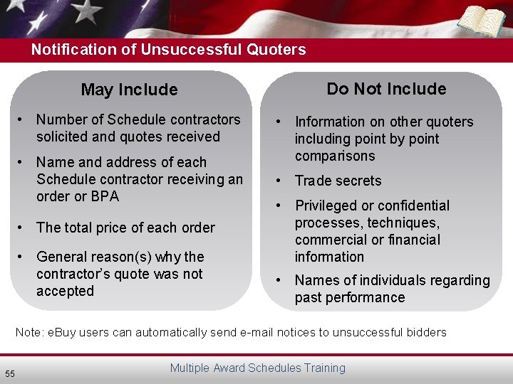 Notification of Unsuccessful Quoters May Include • Number of Schedule contractors solicited and quotes