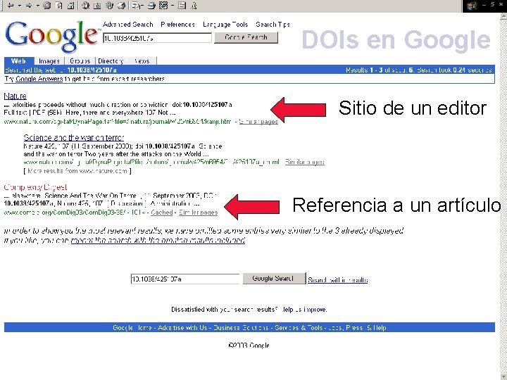 DOIs en Google Sitio de un editor Referencia a un artículo 