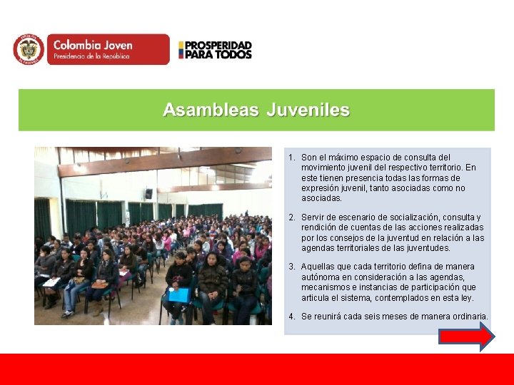 1. Son el máximo espacio de consulta del movimiento juvenil del respectivo territorio. En