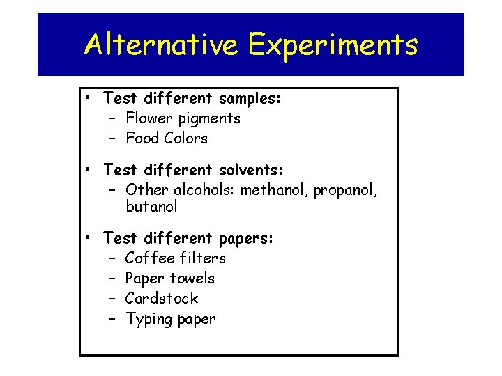 Alternative Experiments • Test different samples: – Flower pigments – Food Colors • Test