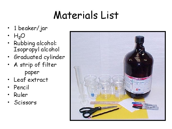 Materials List • 1 beaker/jar • H 2 O • Rubbing alcohol: Isopropyl alcohol