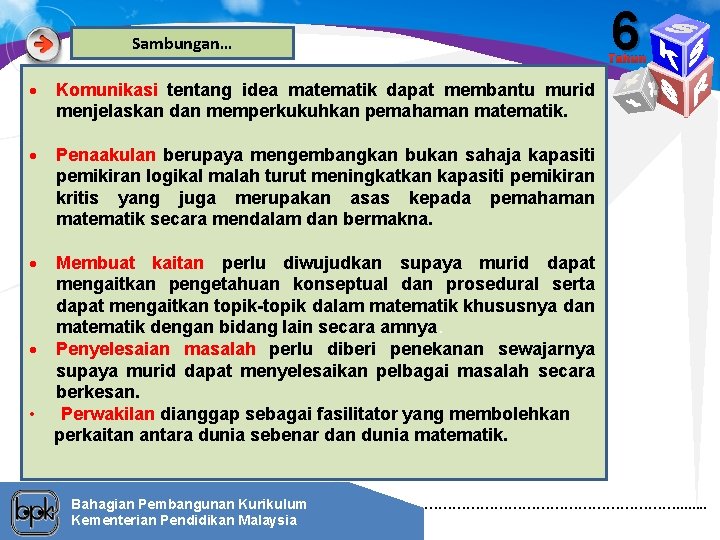 6 Sambungan… Tahun Komunikasi tentang idea matematik dapat membantu murid menjelaskan dan memperkukuhkan pemahaman