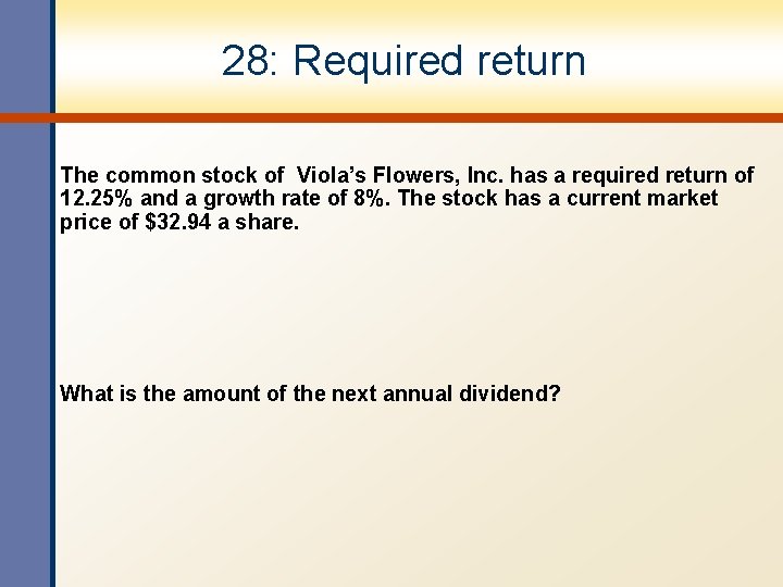 28: Required return The common stock of Viola’s Flowers, Inc. has a required return