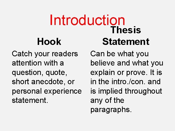 Introduction Hook Catch your readers attention with a question, quote, short anecdote, or personal