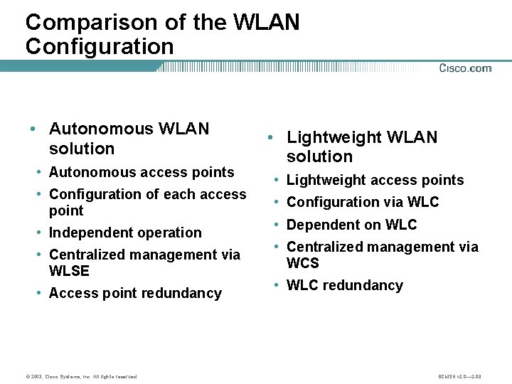 Comparison of the WLAN Configuration • Autonomous WLAN solution • Autonomous access points •