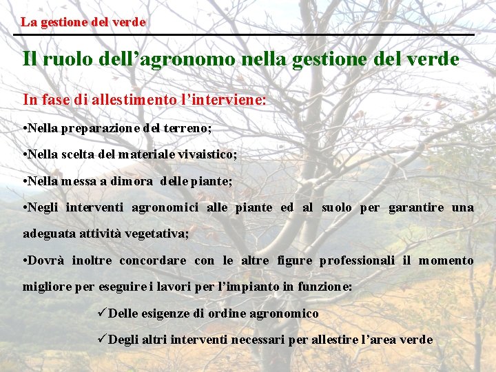 La gestione del verde Il ruolo dell’agronomo nella gestione del verde In fase di