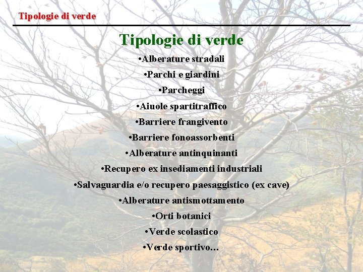 Tipologie di verde • Alberature stradali • Parchi e giardini • Parcheggi • Aiuole